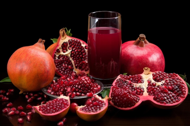 Glass of pomegranate juice with pomegranate fruit