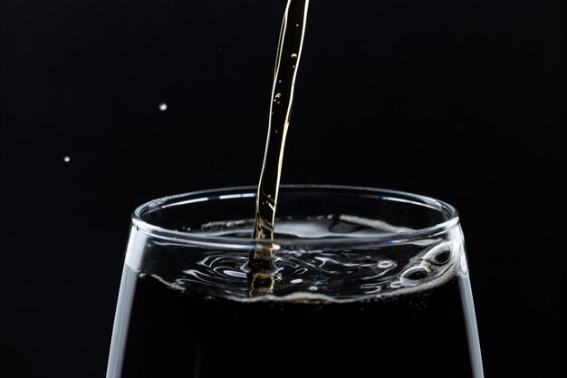 Photo glass of pouring fizzy drink with ice on black