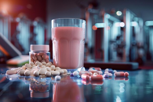 Glass of protein shake with scattered pills on a gym counter highlighting the focus on health fitn