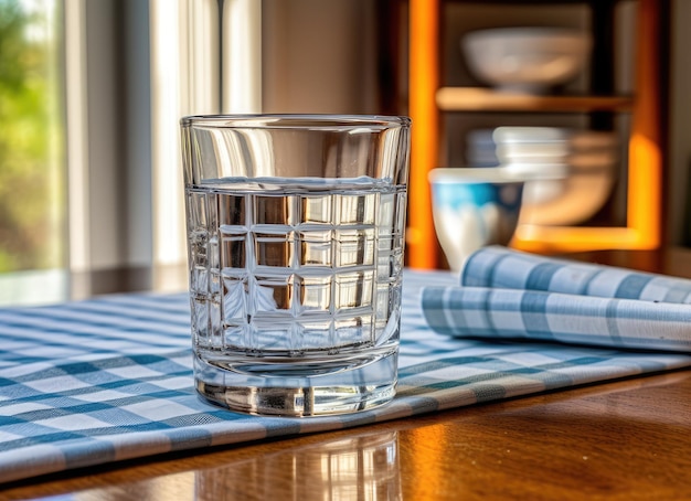 Glass of pure water on kitchen table Created with Generative AI technology