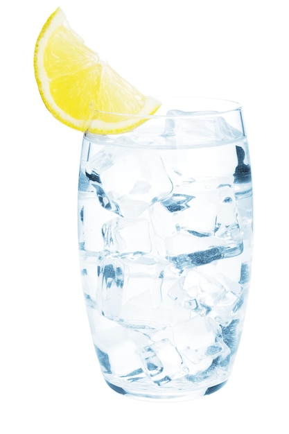 Glass of pure water with ice cubes and lemon slice