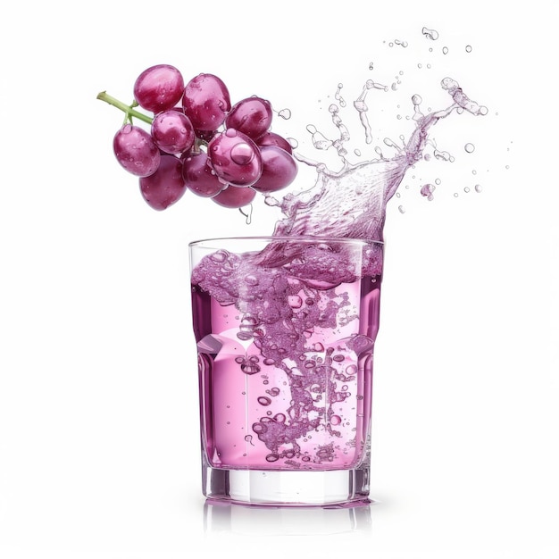 Photo a glass of purple juice with ice and a bunch of grapes splashing into it isolated on white background