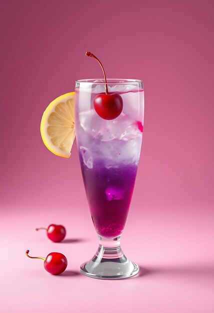 Photo a glass of purple liquid with cherry on the bottom and three cherries on the bottom