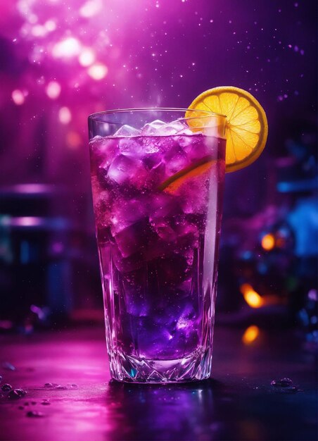 a glass of purple liquid with a slice of lemon on the top