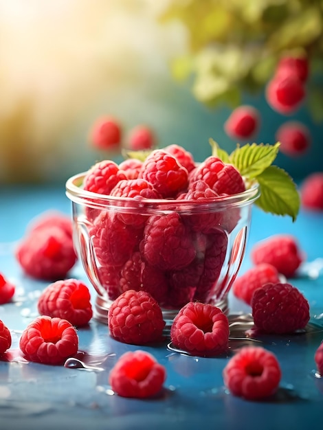 Photo a glass of raspberries with a green leaf on it on table