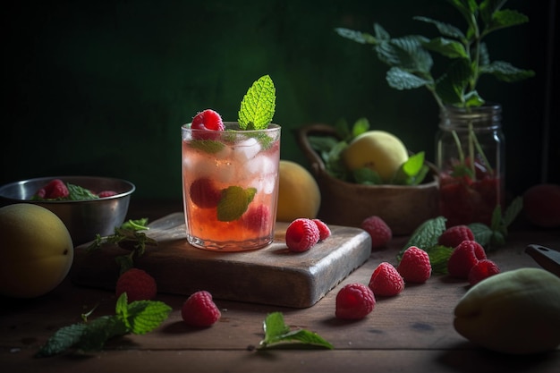 A glass of raspberry cocktail with a mint leaf on top.