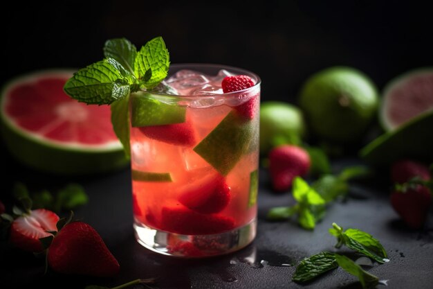 A glass of raspberry cocktail with mint leaves and a lime on the side