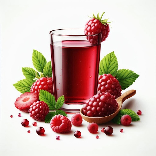 A glass of raspberry juice next to a pile of raspberries