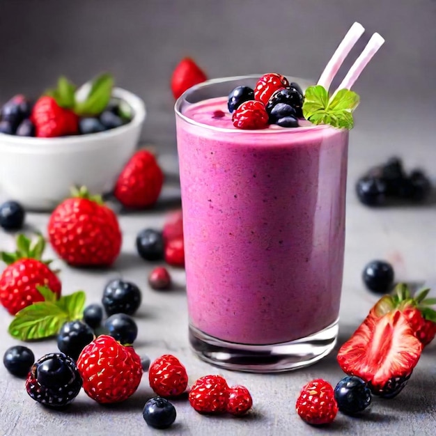 a glass of raspberry juice with berries and strawberries