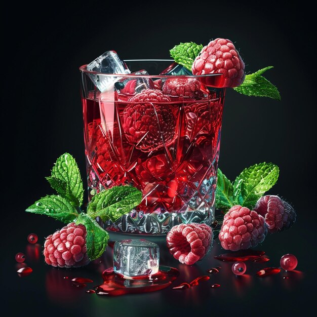 Photo a glass of raspberry juice with a bunch of leaves and berries on it