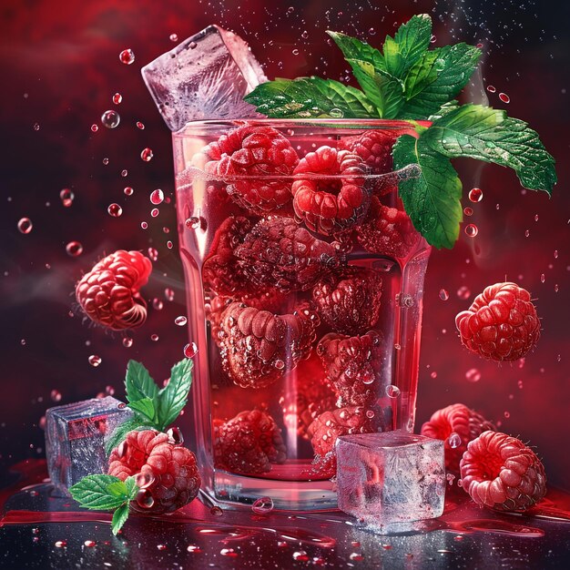 Photo a glass of raspberry juice with a bunch of leaves and berries on it