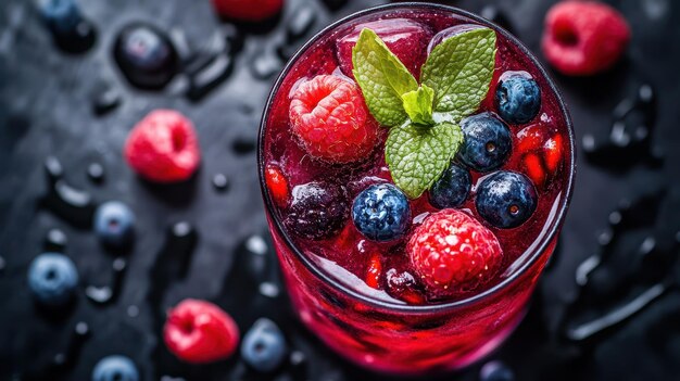 Photo a glass of raspberry juice with raspberries and blueberries