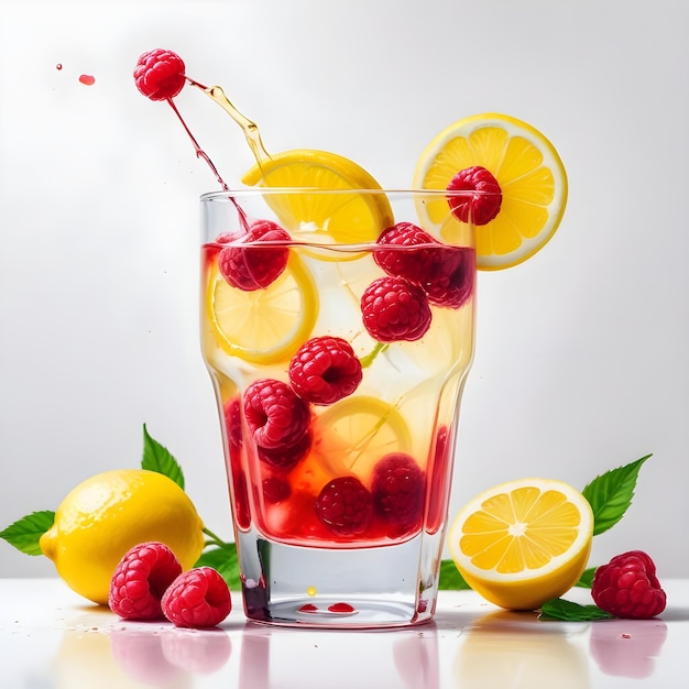 a glass of raspberry juice with raspberries and raspberries