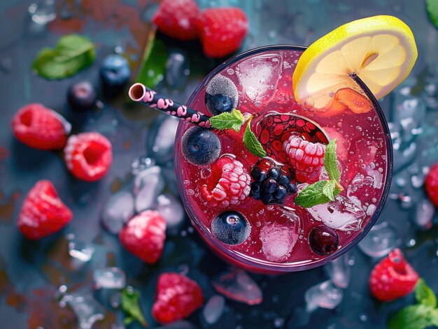 A glass of raspberry and lemonade with a straw in it The drink is garnished with raspberries and a lemon wedge