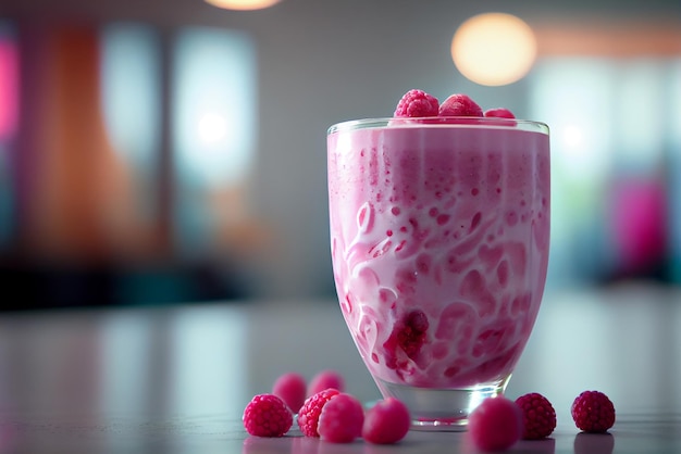 Glass of raspberry smoothie in white floor Illustration Generative AI