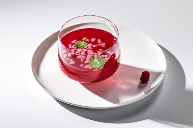 A glass of raspberry tea with mint leaves on a white plate.