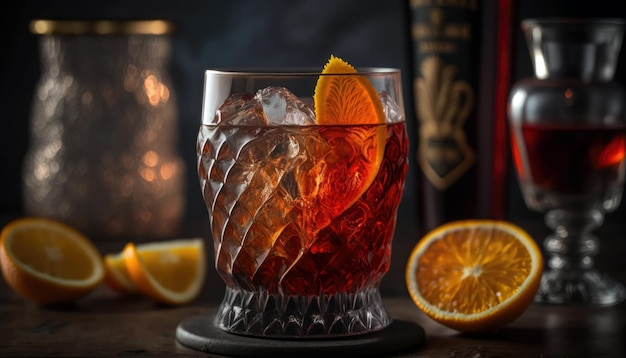 A glass of red cocktail with ice and orange slices on a wooden table.