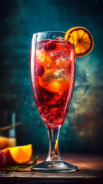 A glass of red cocktail with a lemon slice on the bottom.