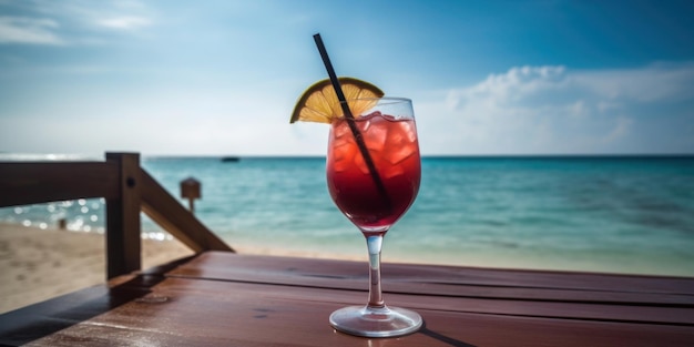 A glass of red cocktail with a straw on the table next to the ocean.