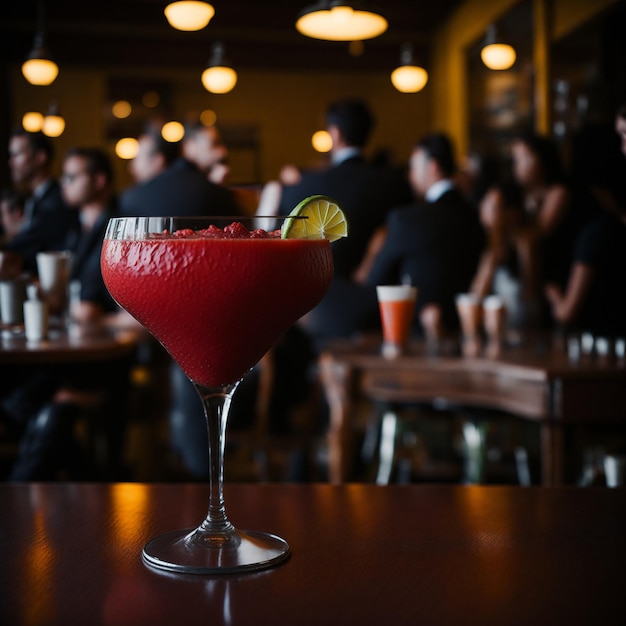 A glass of red drink with a lime wedge on the rim sits on a table in a bar.