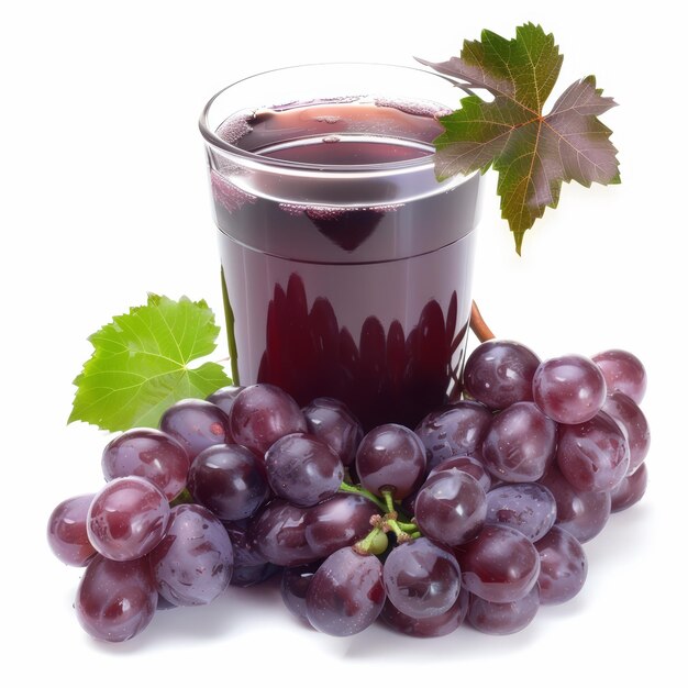 Photo a glass of red grape juice with fresh grapes and leaves