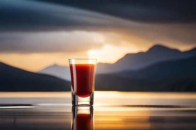 Photo a glass of red juice is on the water with a sunset in the background.