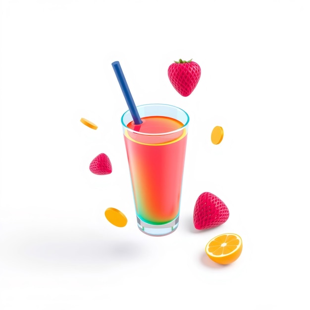 Photo glass of red juice with a straw orange slices and strawberries floating around it on a white background