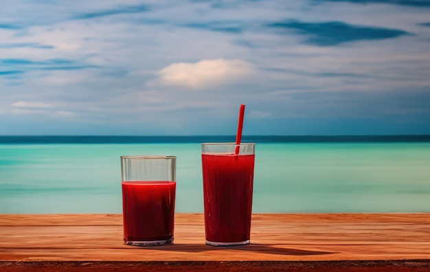 A glass of red juice on a wooden surface on the seashore 3drendeirng