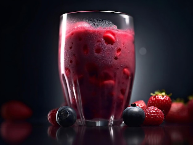 A glass of red liquid with blueberries and blackberries on the side