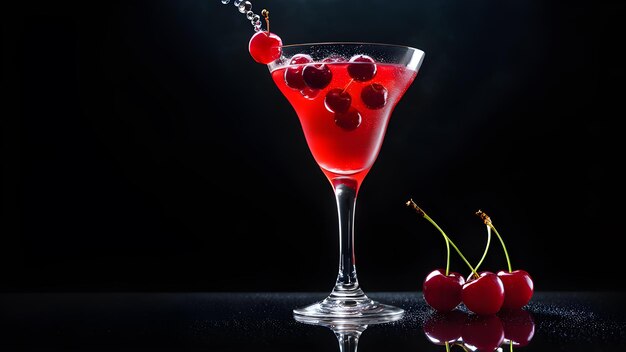 a glass of red liquid with cherries in it and a branch of cherries in the foreground