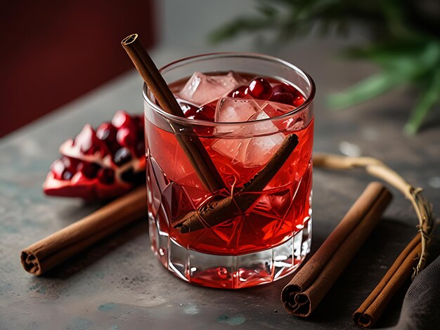 A glass of red liquid with cinnamon sticks and a stick of cinnamon sticks