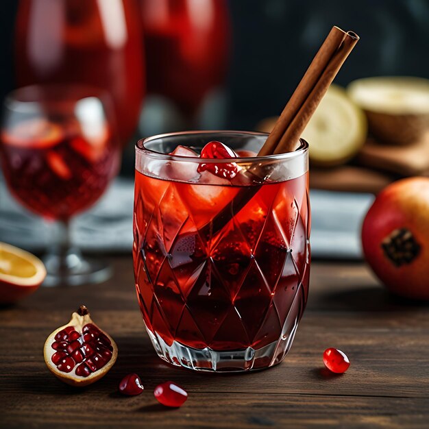 A glass of red liquid with cinnamon sticks and a stick of cinnamon sticks