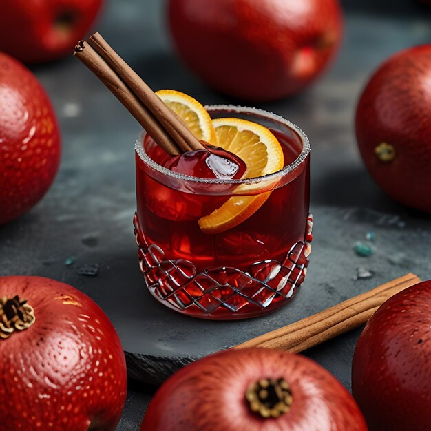 A glass of red liquid with cinnamon sticks and a stick of cinnamon sticks