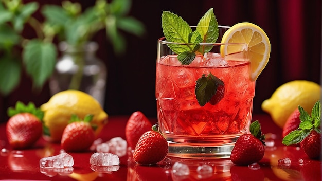 A glass of red liquid with ice lemon and strawberries on a red background