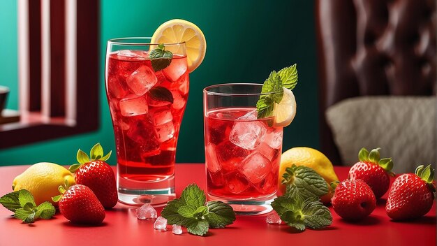 A glass of red liquid with ice lemon and strawberries on a red background