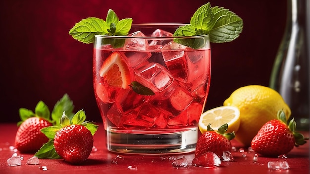 A glass of red liquid with ice lemon and strawberries on a red background