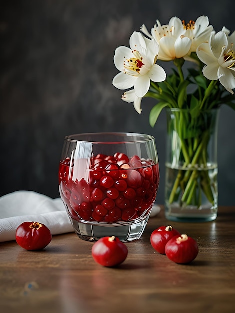 Photo a glass of red liquid with a pomegranate on it and a glass of red liquid