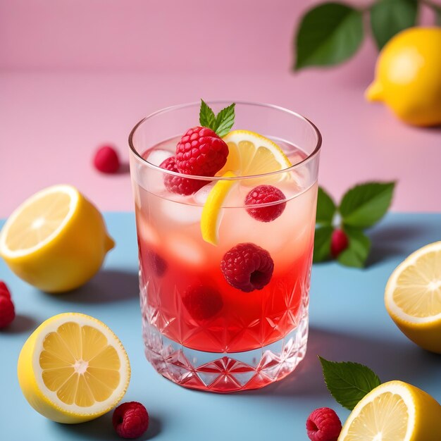 Photo a glass of red liquid with raspberries and lemons on the table