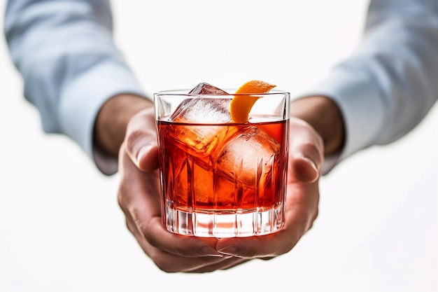 A glass of red negroni with ice cubes