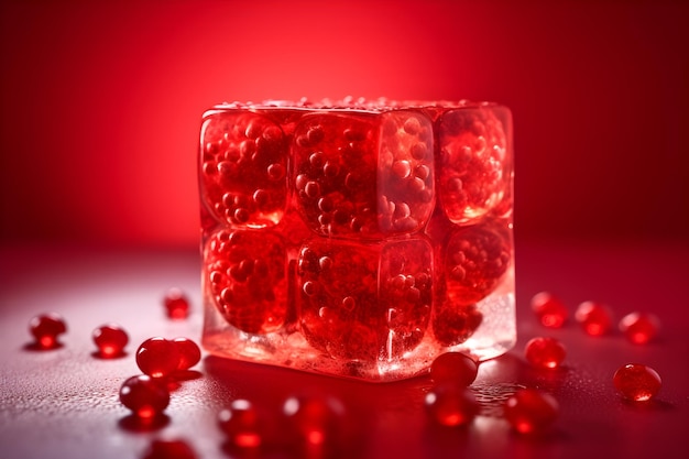 A glass of red raspberry ice cubes with the word pomegranate on the bottom.