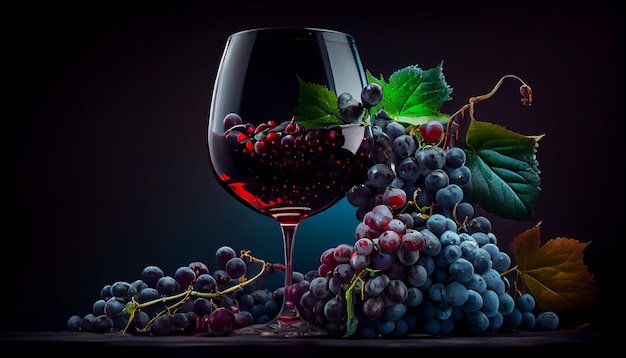 Glass of red wine and bunch of grapes on black backgroundgenerative ai