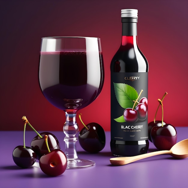 Glass Of Red Wine And Cherry On Purple Background 3D Illustration