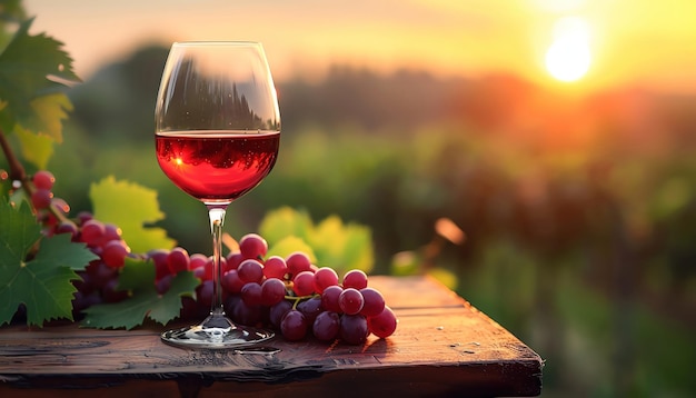 Glass of red wine and grapes on wooden table vineyard backdrop sunset glow