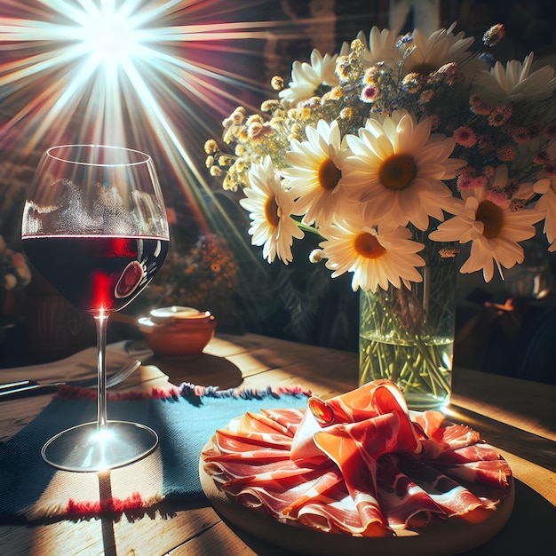 A glass of red wine jamon and a bouquet of daisies on the table on a sunny day