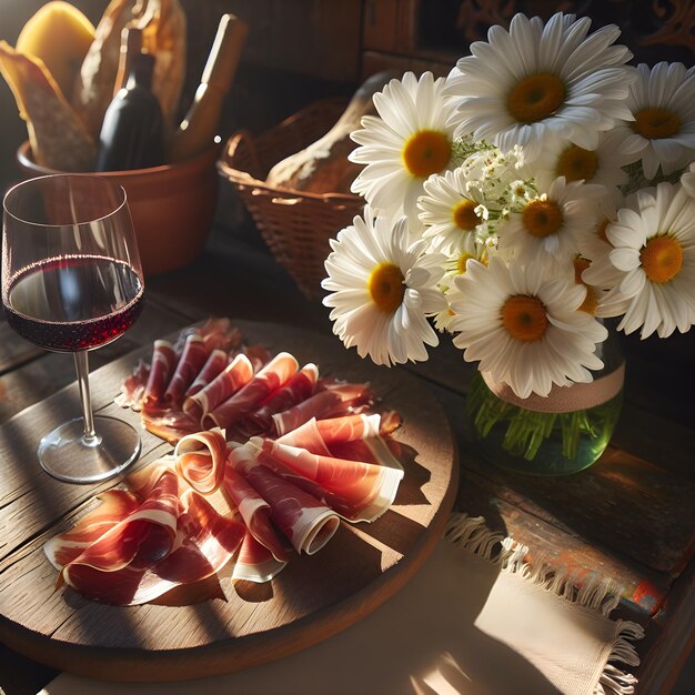 A glass of red wine jamon and a bouquet of daisies on the table on a sunny day