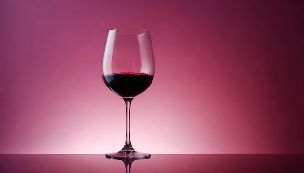 A glass of red wine on a reflective surface with a pink background