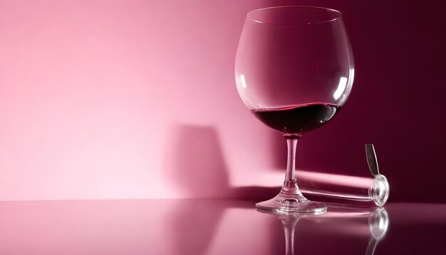 A glass of red wine on a reflective surface with a pink background