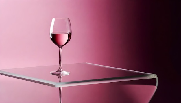 A glass of red wine on a reflective surface with a pink background