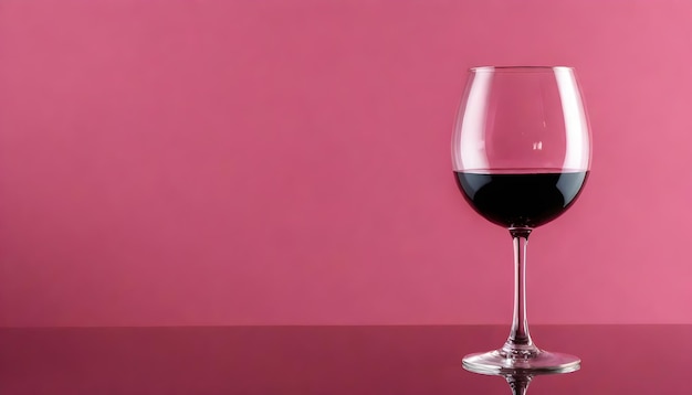 A glass of red wine on a reflective surface with a pink background