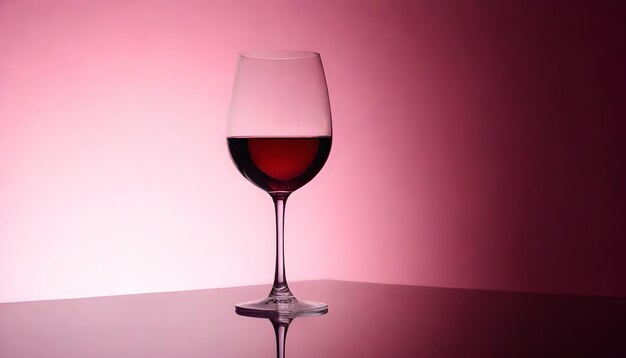 A glass of red wine on a reflective surface with a pink background